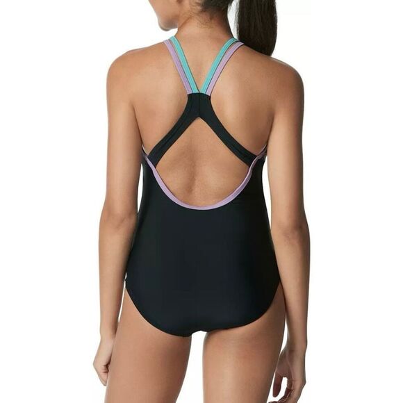 Speedo Women's Double Strap Racerback One Piece Swimsuit size 8 Black NEW - Picture 2 of 9